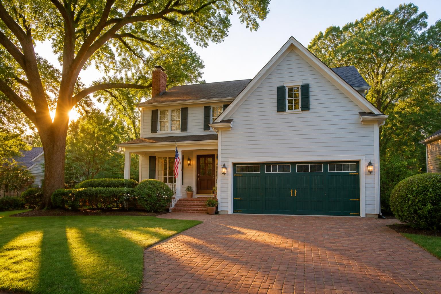 New Albany, OH home with a handsome carriage-style garage door at golden hour — serviced by New Albany Garage Door Repair